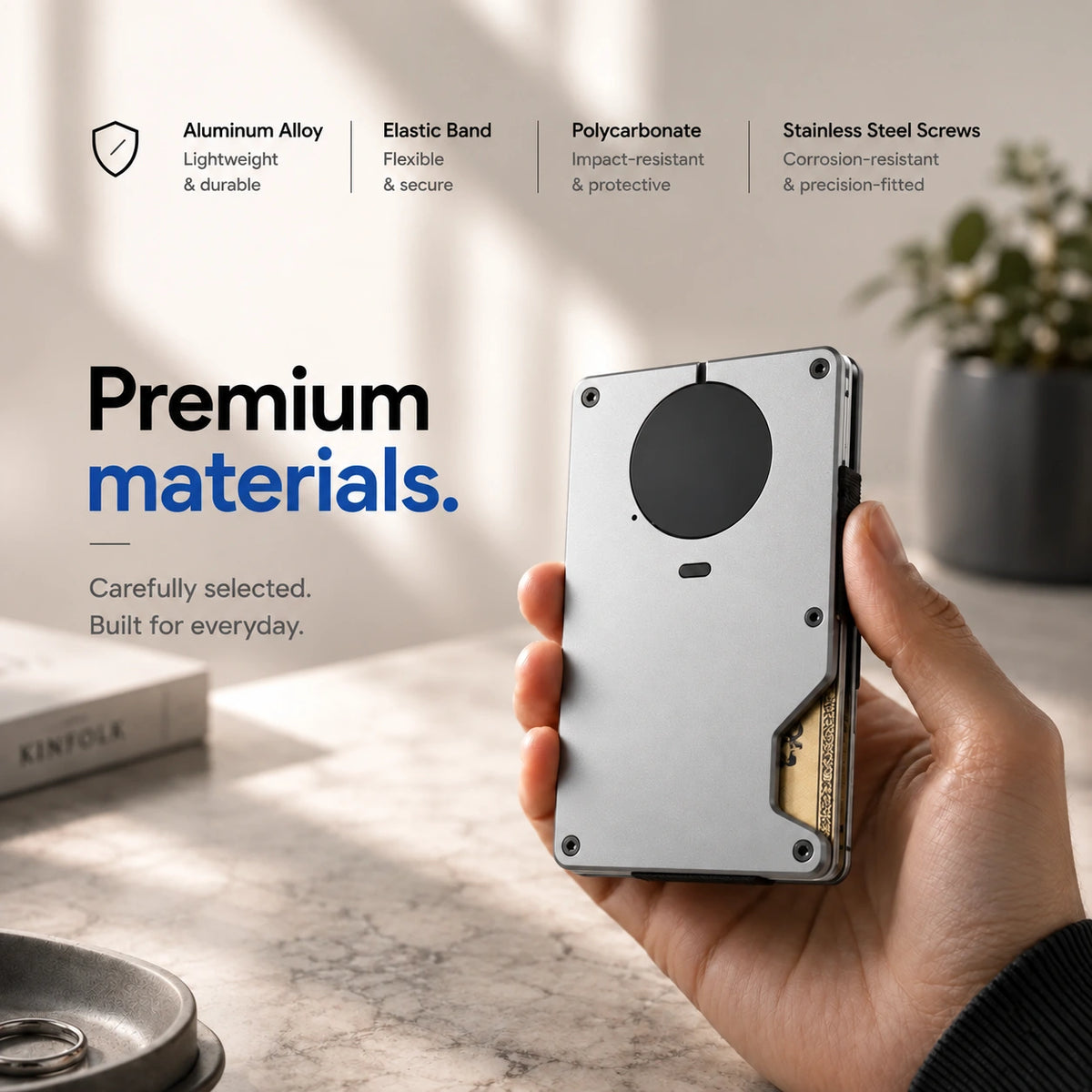 Titanium Silver slim tracking card wallet showing its materials #color_Titanium Silver