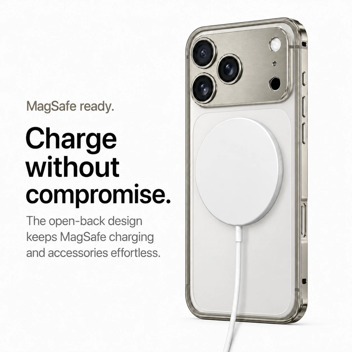 Warm gray aluminum frame phone case with a white wireless charging puck #color_Natural Titanium
