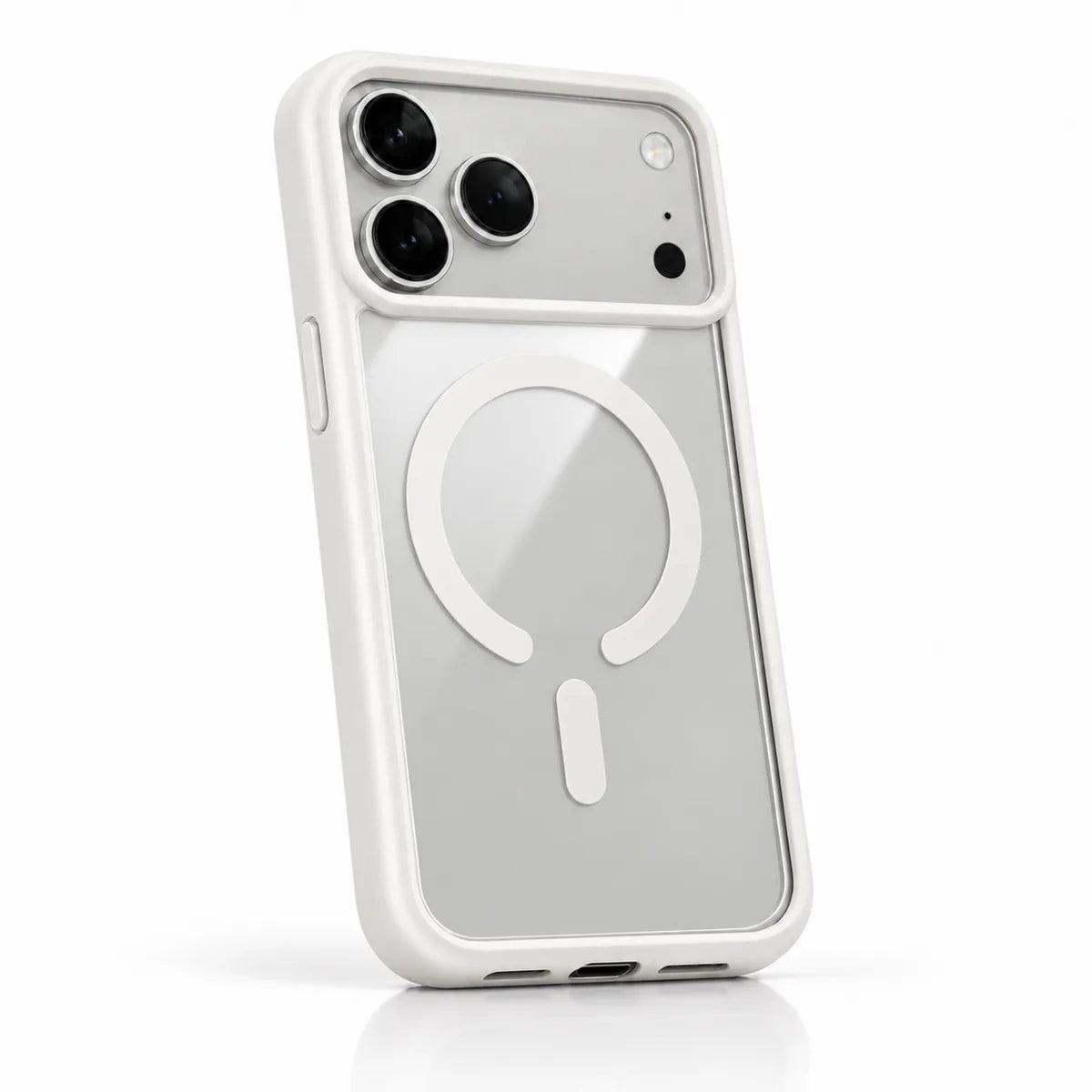 White clear back phone case with a matching frame and magnetic ring in a white studio. #color_Arctic White
