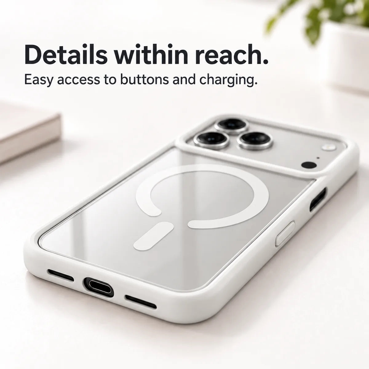 White phone case with open charging and speaker ports and accessible side controls. #color_Arctic White