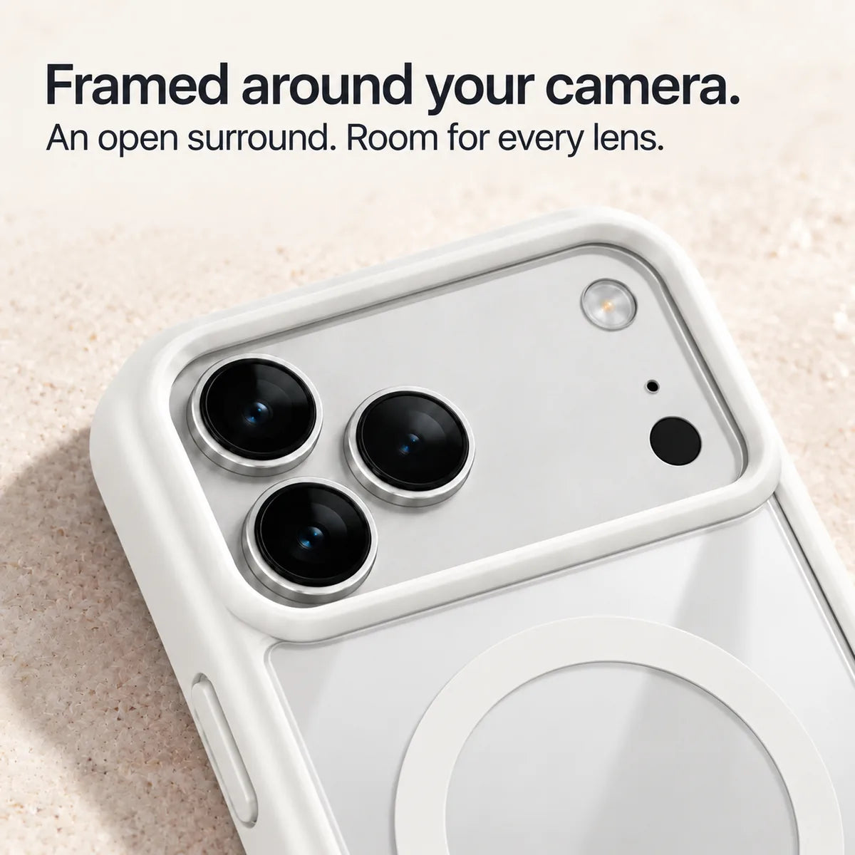 White phone case frame surrounding the wide rear camera opening. #color_Arctic White