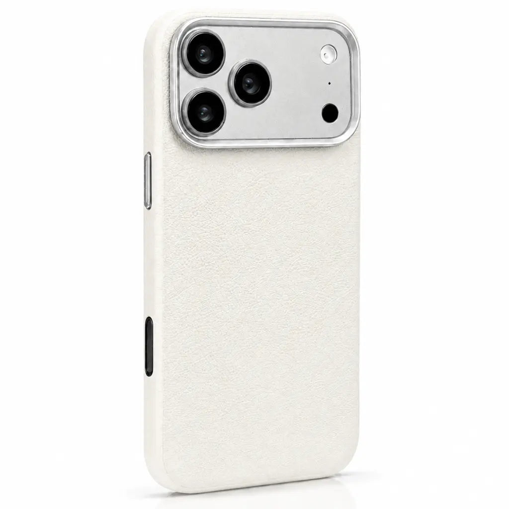 White textured leather magnetic phone case with a raised metallic camera surround, shown from the rear #color_Arctic White