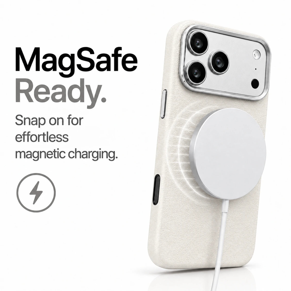 White textured leather phone case attached to a white magnetic wireless charging puck #color_Arctic White