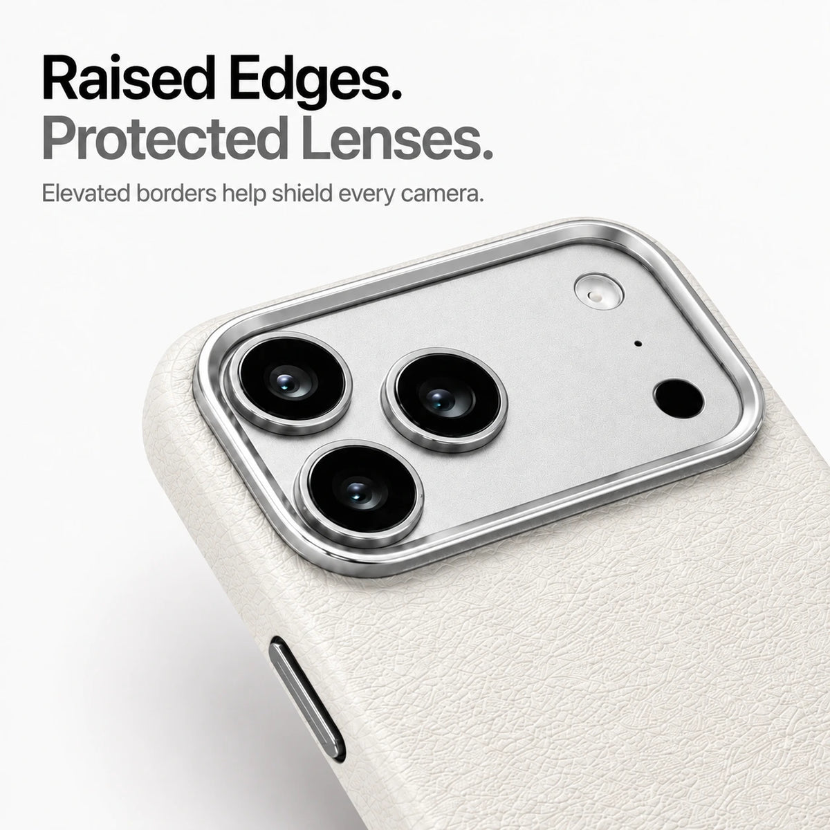 White textured leather phone case in close-up showing the raised camera surround and lens edges #color_Arctic White