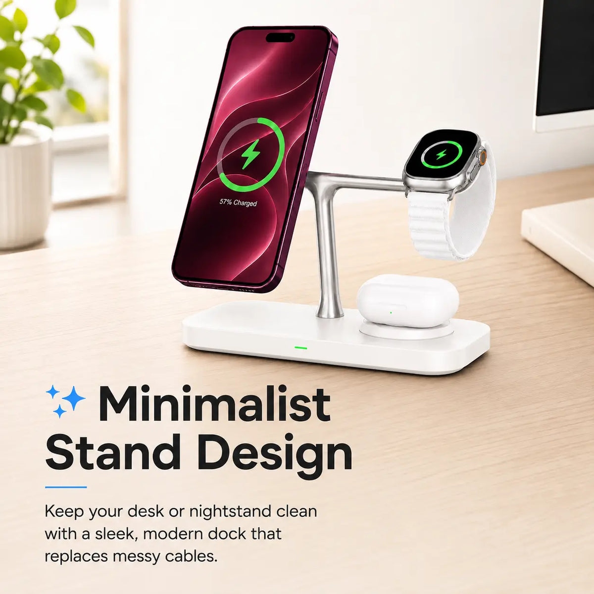 Arctic White three device wireless charging station on a minimalist desk. #color_Arctic White