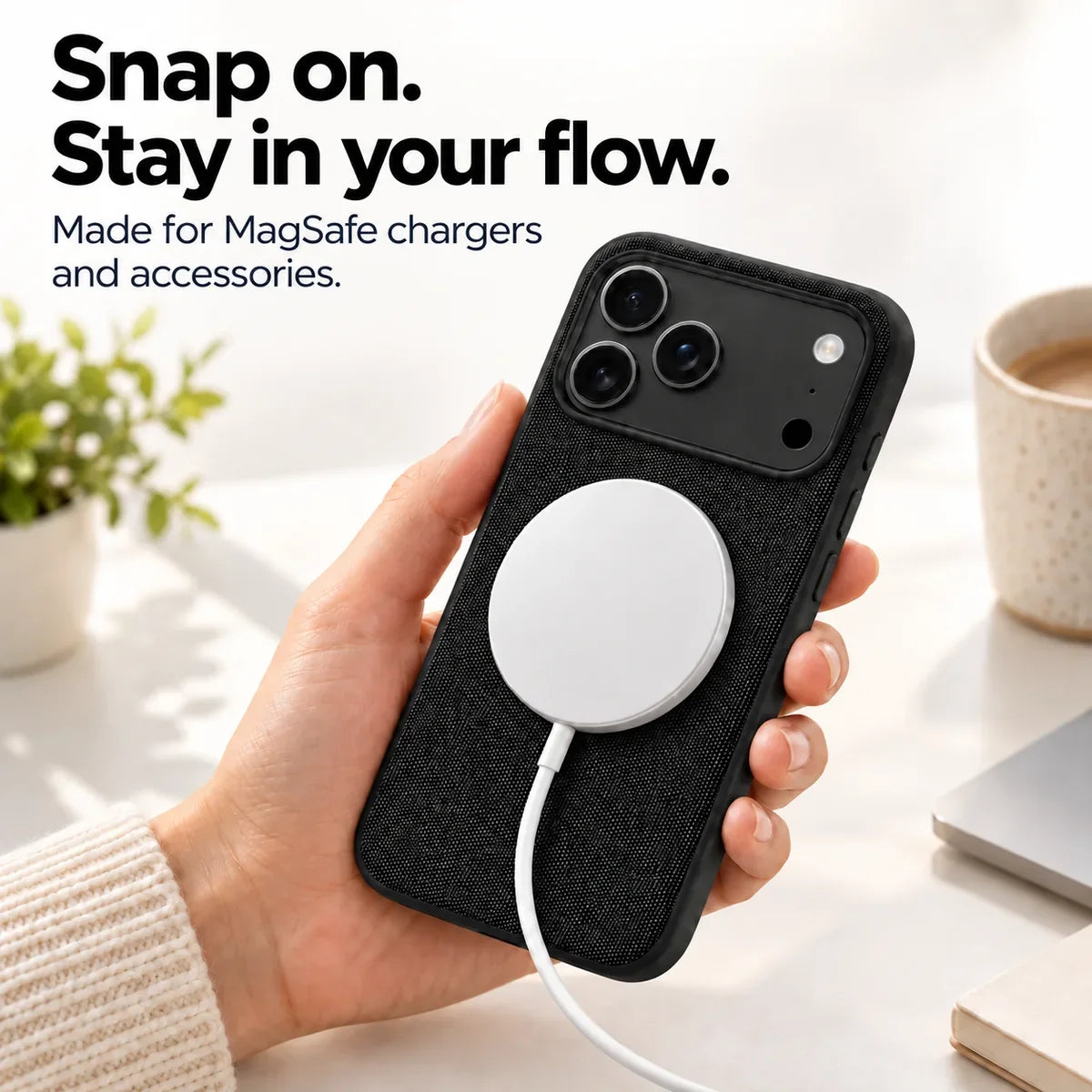 White magnetic charging puck attached to a Midnight Black woven phone case. #color_Midnight Black